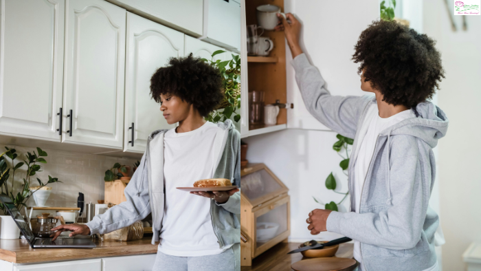 Two pictures of a woman holding a plate and another picture of a man putting something in the cupboard.